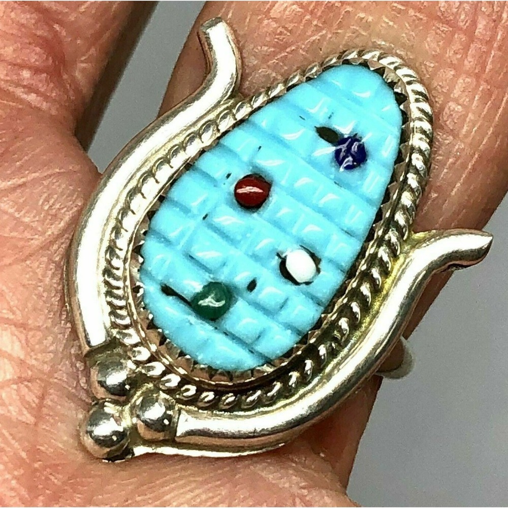 Zuni Corn Ring Sz 7 Carved Turquoise Sterling Signed Indian Native Amer Inlay